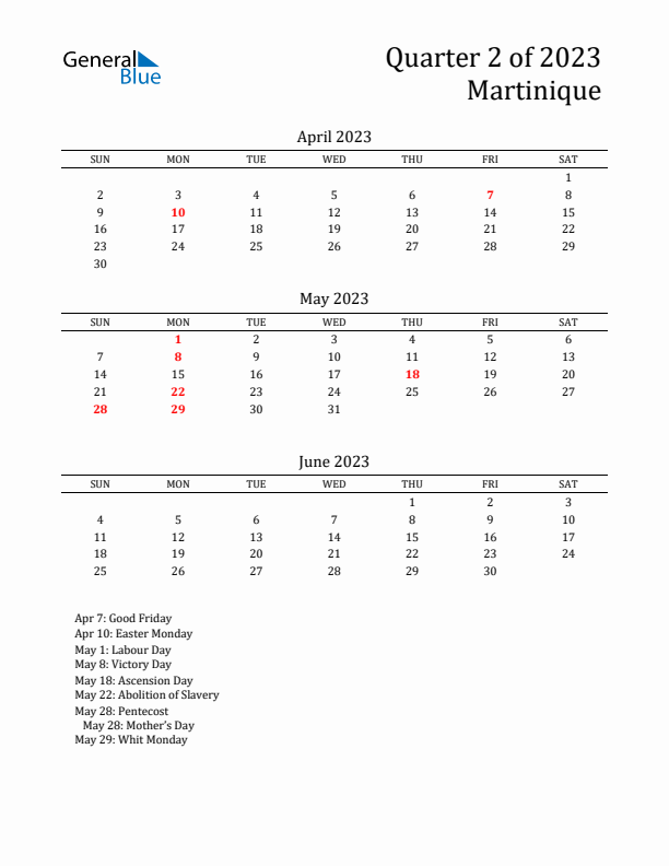 Quarter 2 2023 Martinique Quarterly Calendar