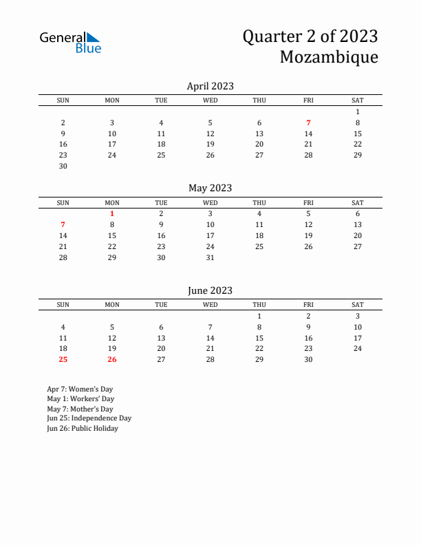 Quarter 2 2023 Mozambique Quarterly Calendar