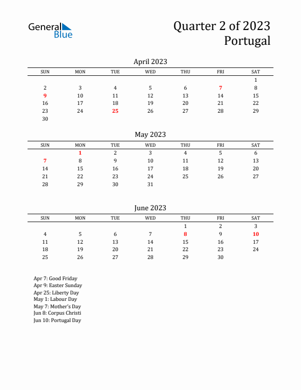 Quarter 2 2023 Portugal Quarterly Calendar