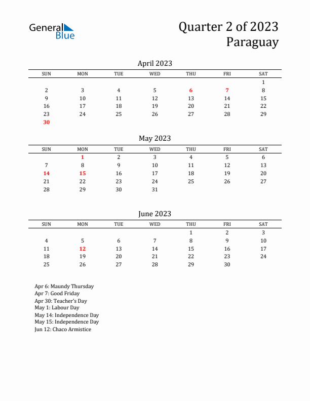 Quarter 2 2023 Paraguay Quarterly Calendar