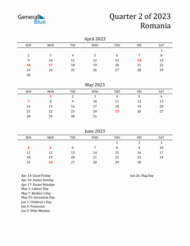 Quarter 2 2023 Romania Quarterly Calendar