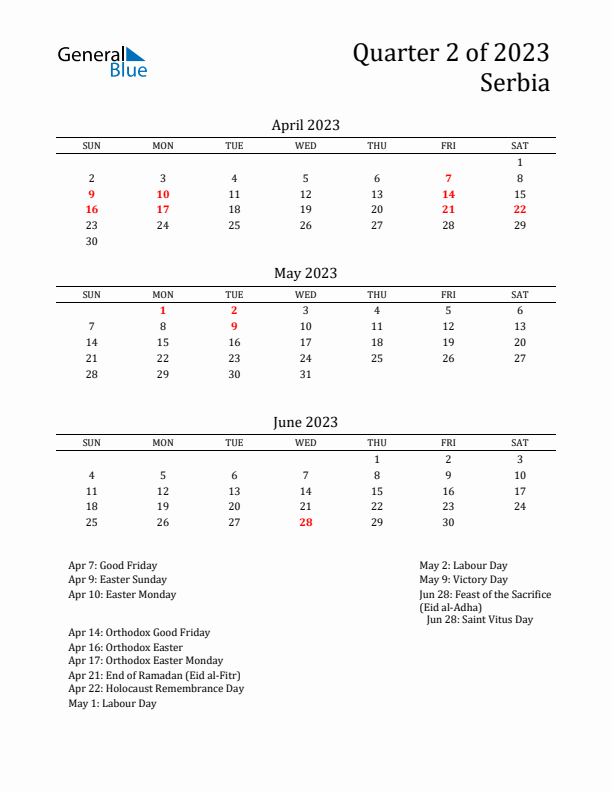 Quarter 2 2023 Serbia Quarterly Calendar