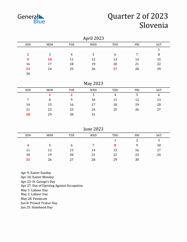 Quarter 2 2023 Slovenia Quarterly Calendar