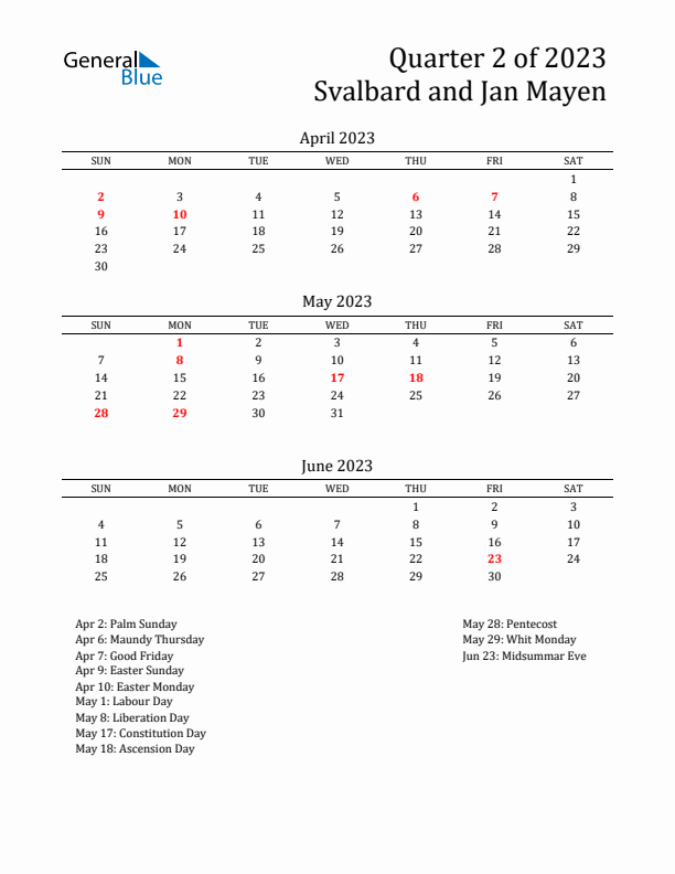 Quarter 2 2023 Svalbard and Jan Mayen Quarterly Calendar