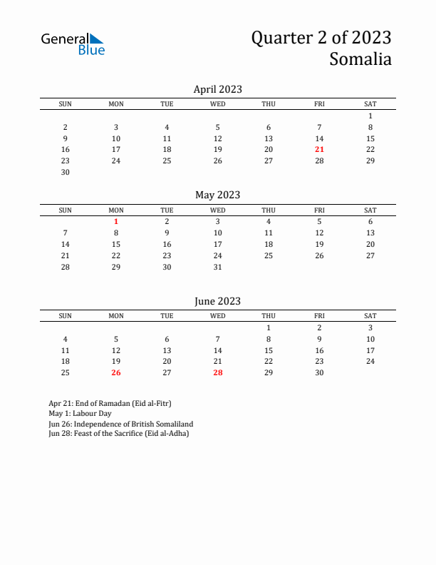 Quarter 2 2023 Somalia Quarterly Calendar