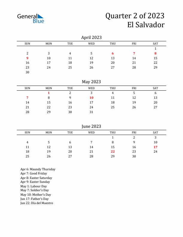 Quarter 2 2023 El Salvador Quarterly Calendar