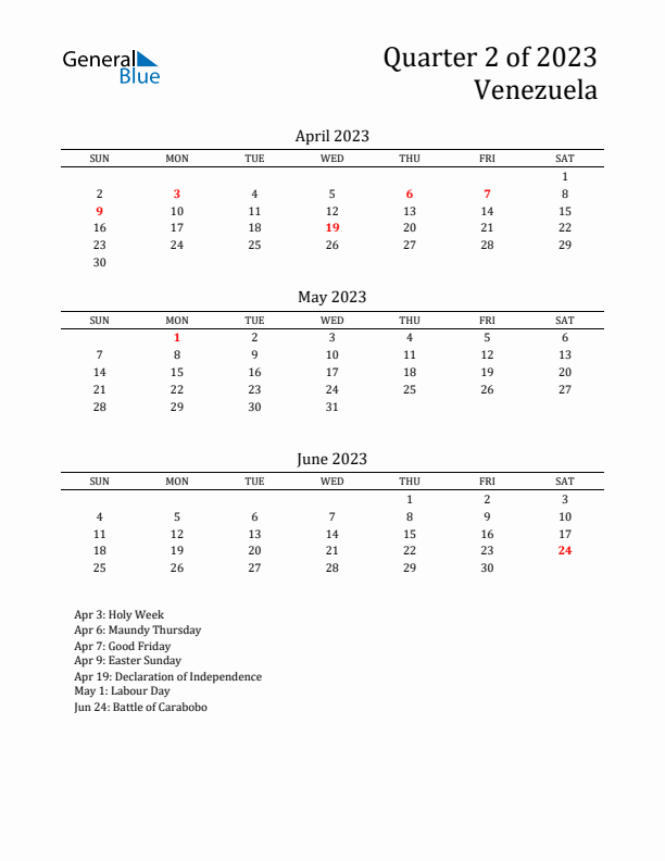 Quarter 2 2023 Venezuela Quarterly Calendar