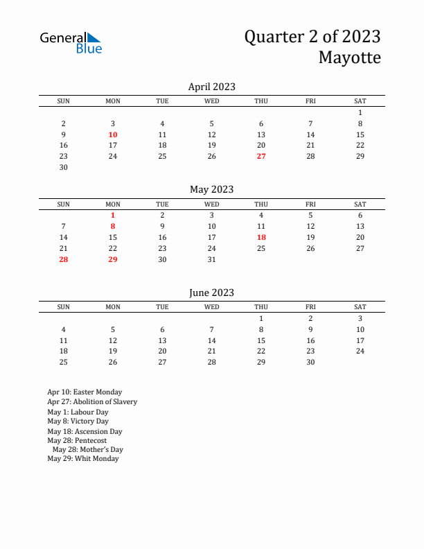 Quarter 2 2023 Mayotte Quarterly Calendar