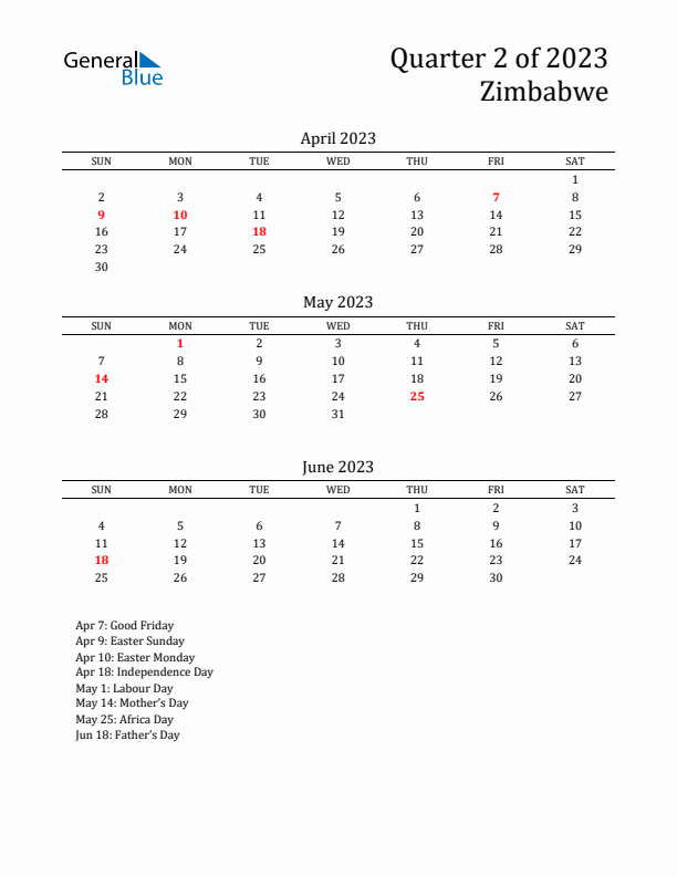 Quarter 2 2023 Zimbabwe Quarterly Calendar