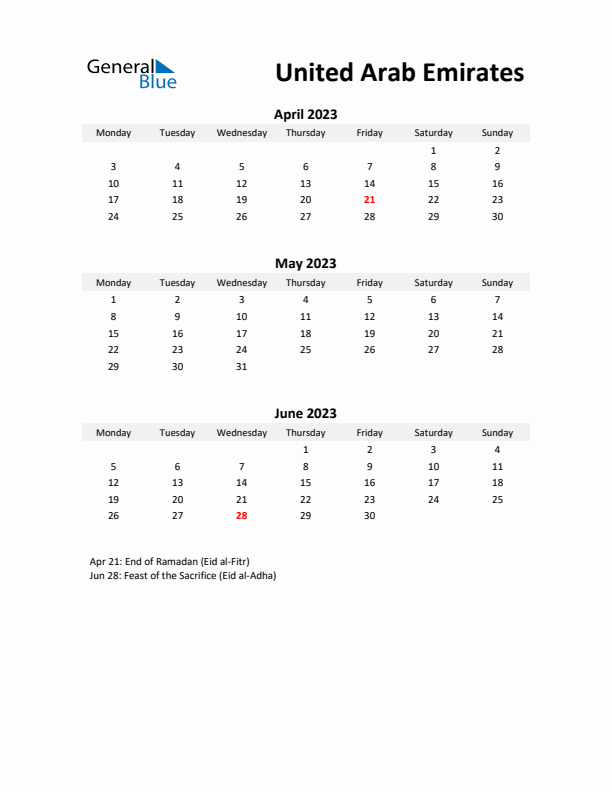 Printable Quarterly Calendar with Notes and United Arab Emirates Holidays- Q2 of 2023