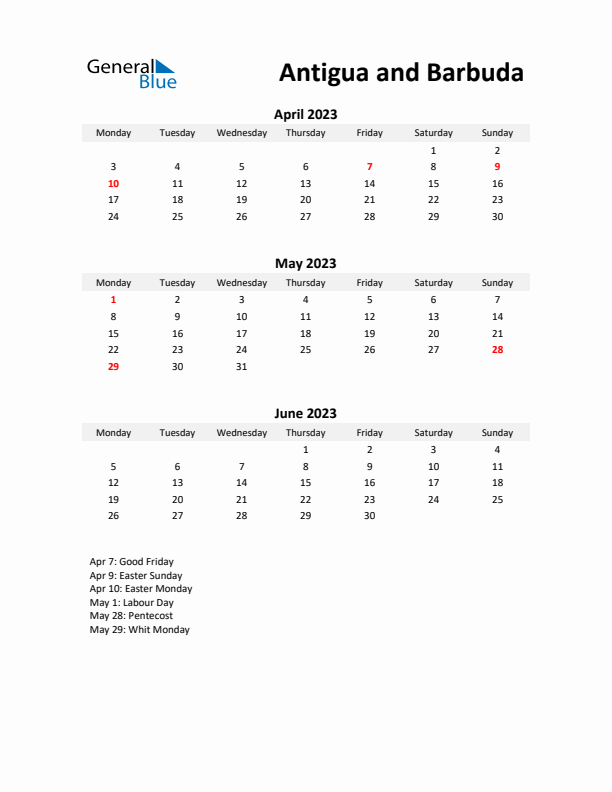 Printable Quarterly Calendar with Notes and Antigua and Barbuda Holidays- Q2 of 2023