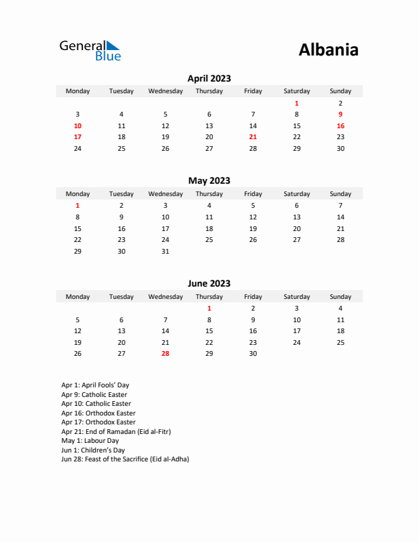 Printable Quarterly Calendar with Notes and Albania Holidays- Q2 of 2023