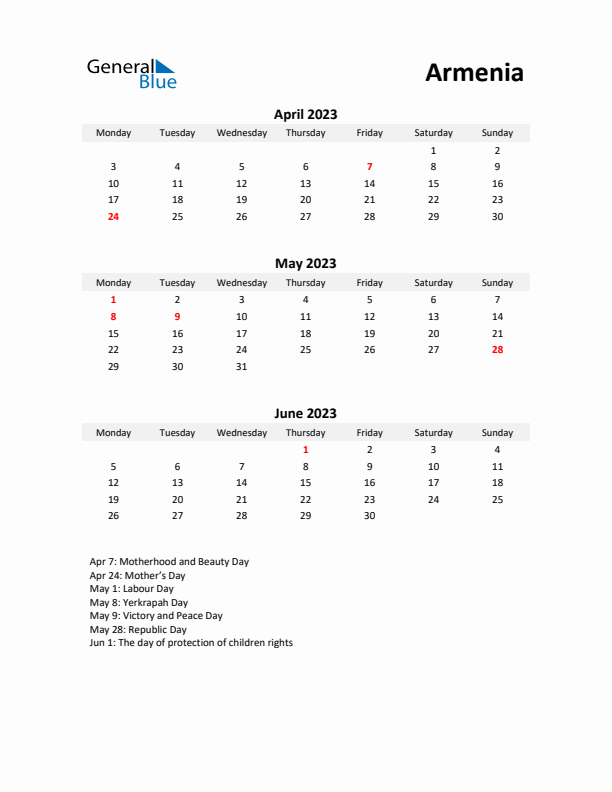 Printable Quarterly Calendar with Notes and Armenia Holidays- Q2 of 2023