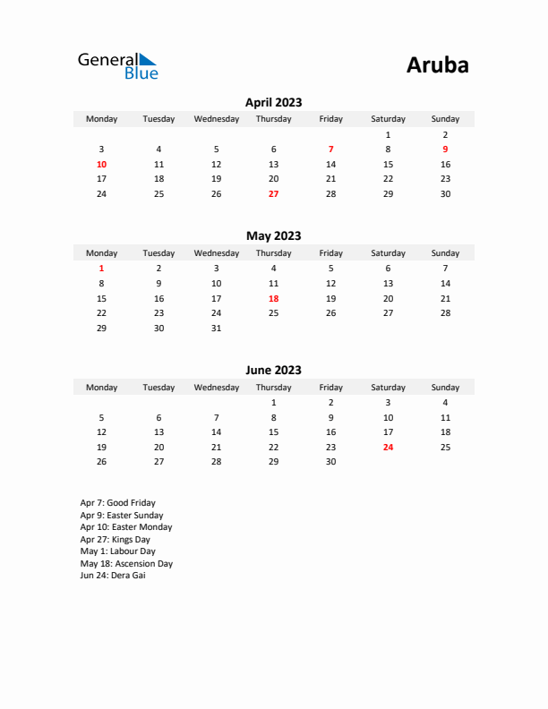 Printable Quarterly Calendar with Notes and Aruba Holidays- Q2 of 2023