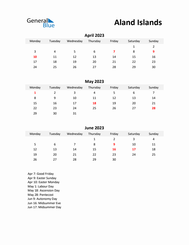 Printable Quarterly Calendar with Notes and Aland Islands Holidays- Q2 of 2023