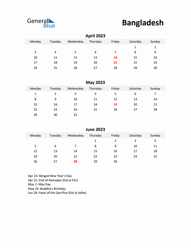 Printable Quarterly Calendar with Notes and Bangladesh Holidays- Q2 of 2023