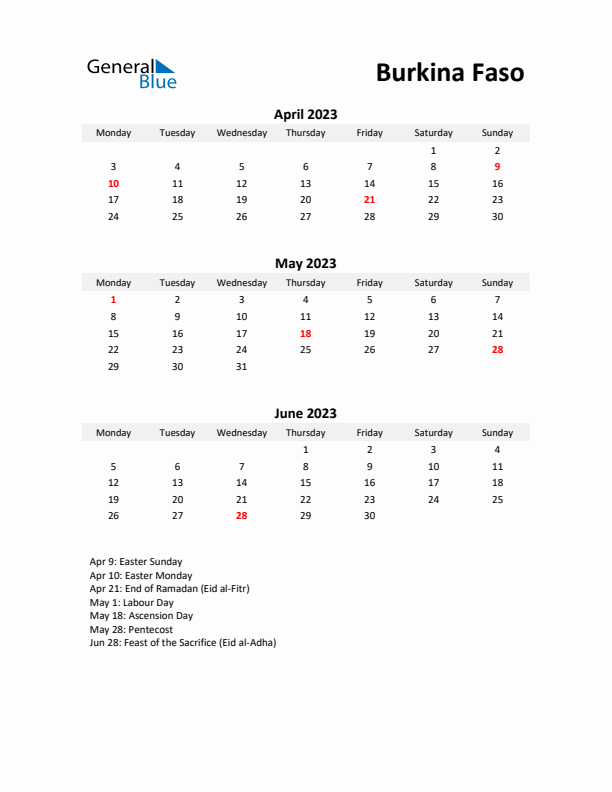 Printable Quarterly Calendar with Notes and Burkina Faso Holidays- Q2 of 2023