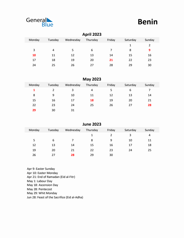 Printable Quarterly Calendar with Notes and Benin Holidays- Q2 of 2023