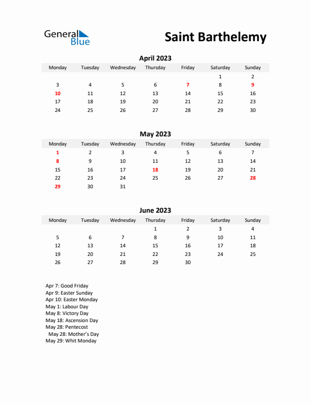 Printable Quarterly Calendar with Notes and Saint Barthelemy Holidays- Q2 of 2023