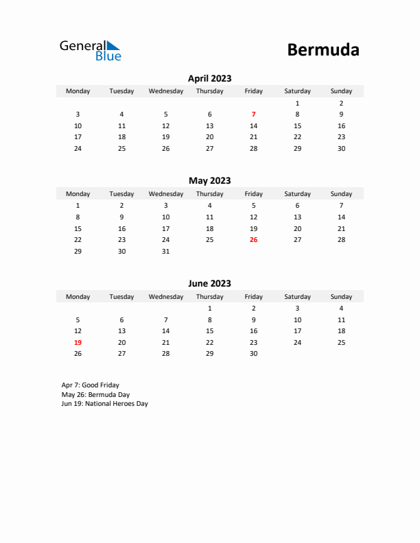 Printable Quarterly Calendar with Notes and Bermuda Holidays- Q2 of 2023