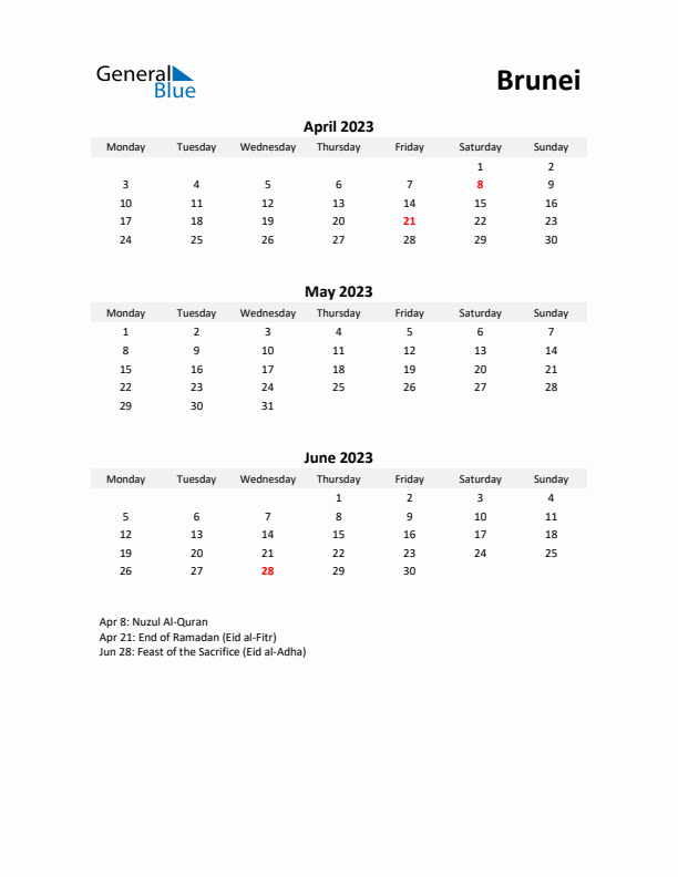 Printable Quarterly Calendar with Notes and Brunei Holidays- Q2 of 2023