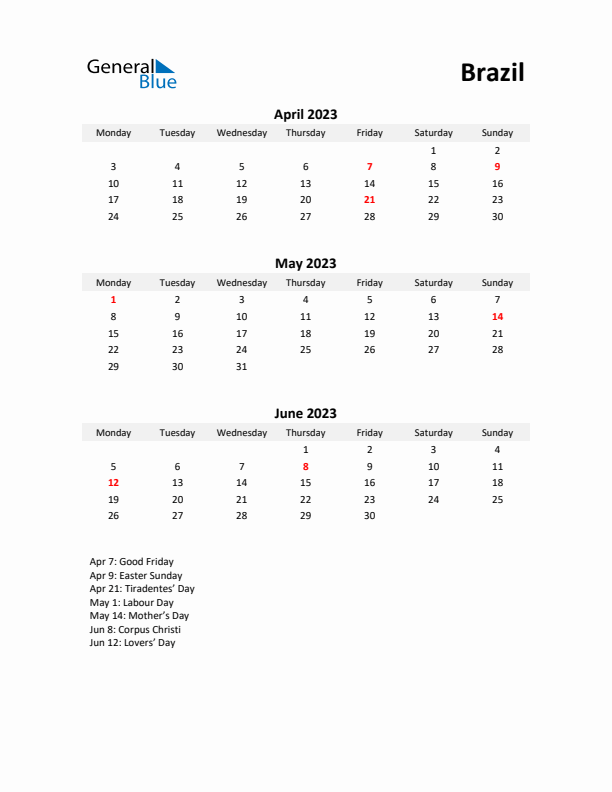 Printable Quarterly Calendar with Notes and Brazil Holidays- Q2 of 2023