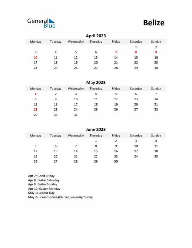 Printable Quarterly Calendar with Notes and Belize Holidays- Q2 of 2023