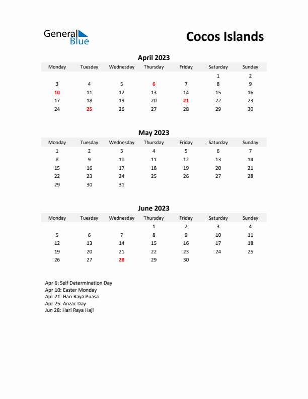 Printable Quarterly Calendar with Notes and Cocos Islands Holidays- Q2 of 2023