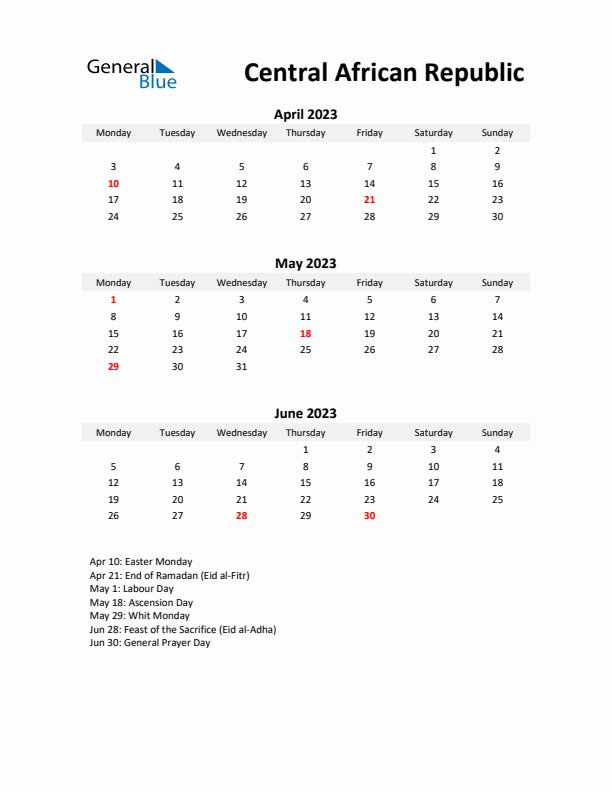 Printable Quarterly Calendar with Notes and Central African Republic Holidays- Q2 of 2023