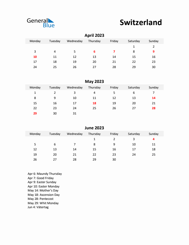 Printable Quarterly Calendar with Notes and Switzerland Holidays- Q2 of 2023