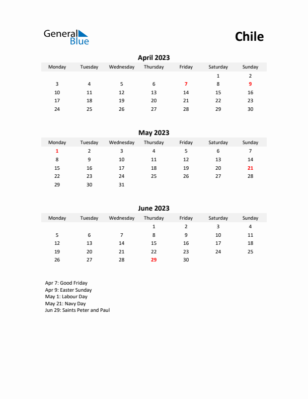 Printable Quarterly Calendar with Notes and Chile Holidays- Q2 of 2023