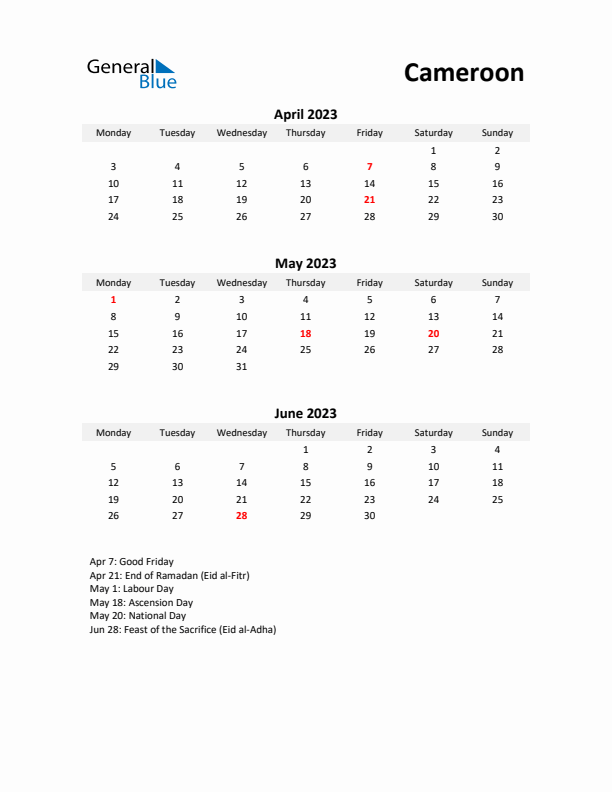 Printable Quarterly Calendar with Notes and Cameroon Holidays- Q2 of 2023