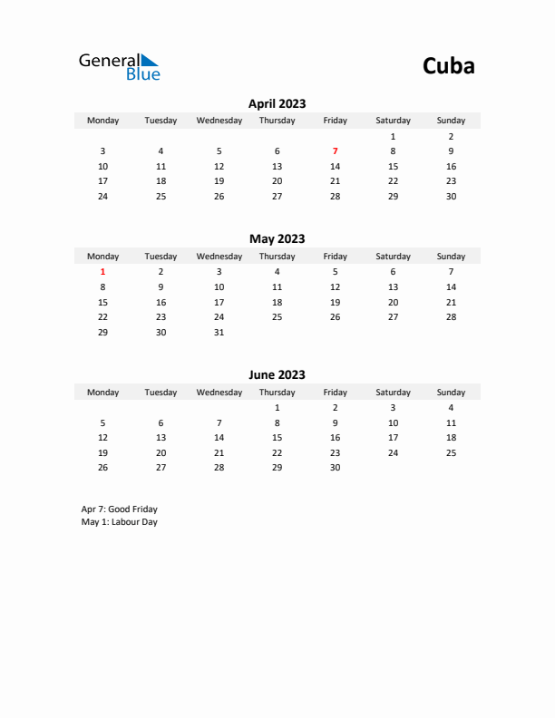 Printable Quarterly Calendar with Notes and Cuba Holidays- Q2 of 2023