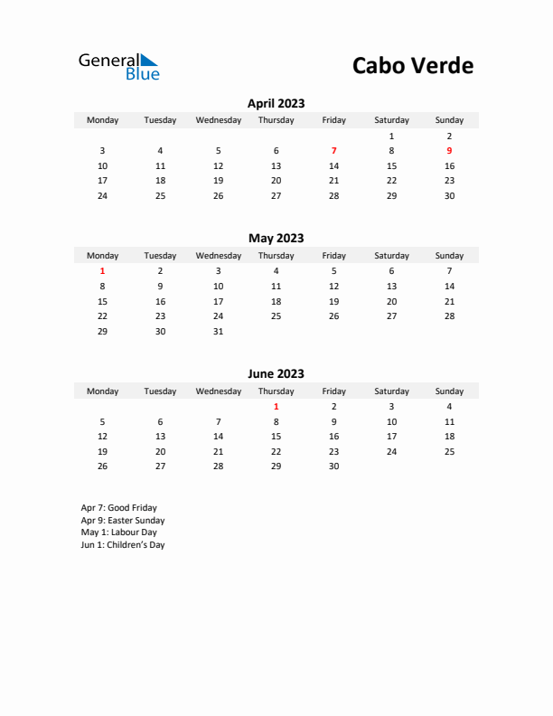 Printable Quarterly Calendar with Notes and Cabo Verde Holidays- Q2 of 2023