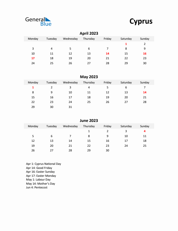 Printable Quarterly Calendar with Notes and Cyprus Holidays- Q2 of 2023