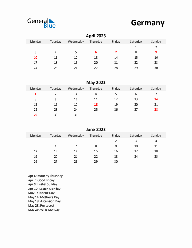 Printable Quarterly Calendar with Notes and Germany Holidays- Q2 of 2023