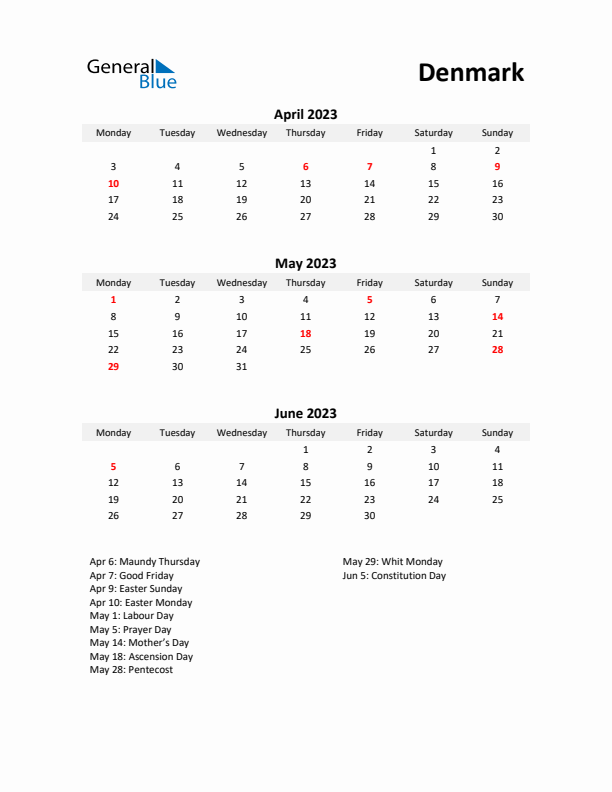 Printable Quarterly Calendar with Notes and Denmark Holidays- Q2 of 2023