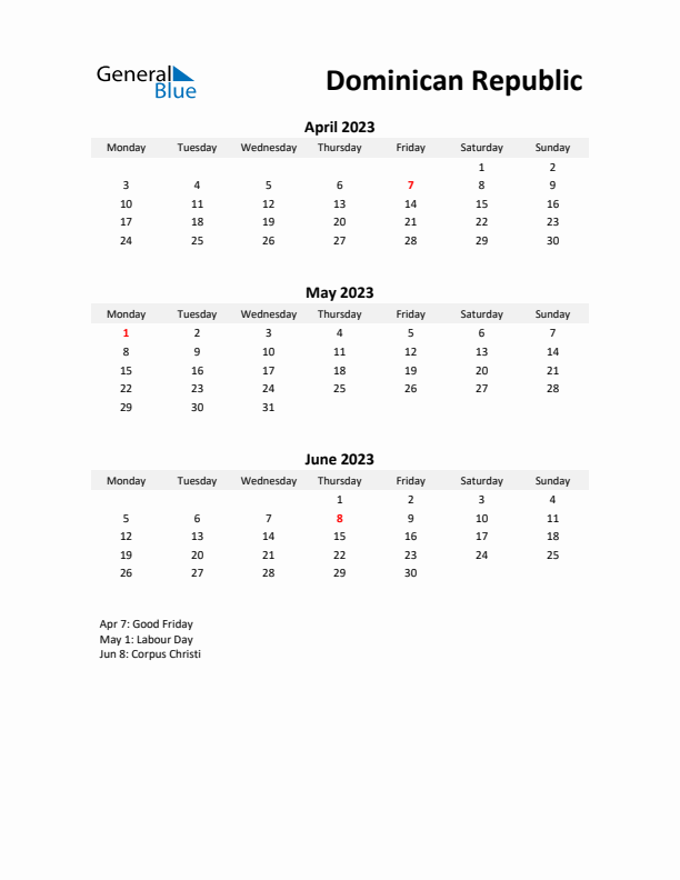 Printable Quarterly Calendar with Notes and Dominican Republic Holidays- Q2 of 2023