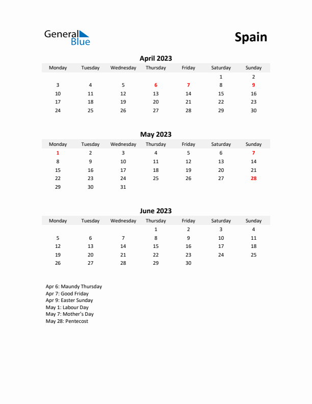 Printable Quarterly Calendar with Notes and Spain Holidays- Q2 of 2023