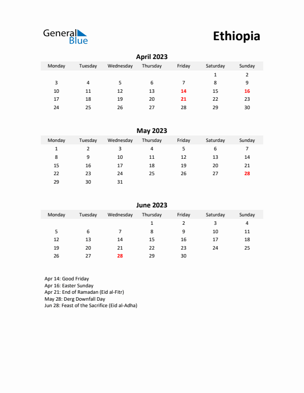 Printable Quarterly Calendar with Notes and Ethiopia Holidays- Q2 of 2023