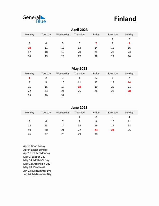 Printable Quarterly Calendar with Notes and Finland Holidays- Q2 of 2023