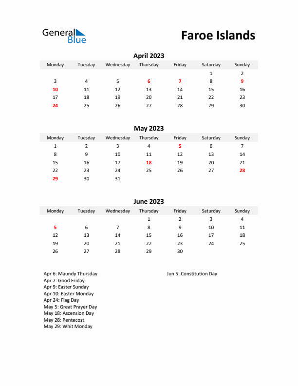 Printable Quarterly Calendar with Notes and Faroe Islands Holidays- Q2 of 2023