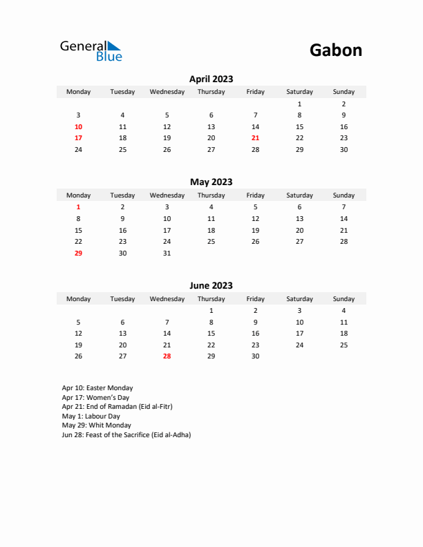 Printable Quarterly Calendar with Notes and Gabon Holidays- Q2 of 2023