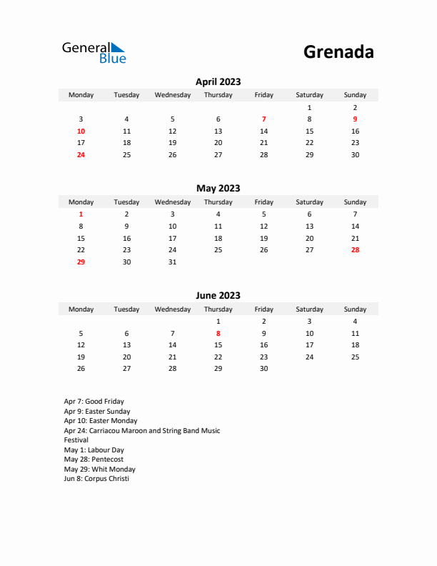 Printable Quarterly Calendar with Notes and Grenada Holidays- Q2 of 2023