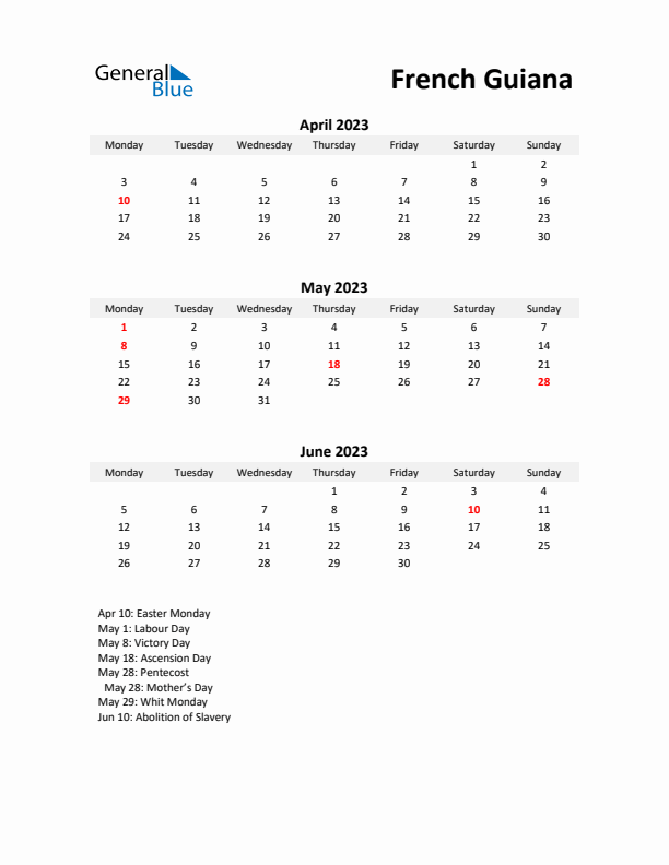 Printable Quarterly Calendar with Notes and French Guiana Holidays- Q2 of 2023