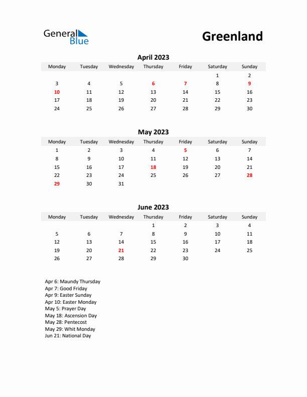 Printable Quarterly Calendar with Notes and Greenland Holidays- Q2 of 2023