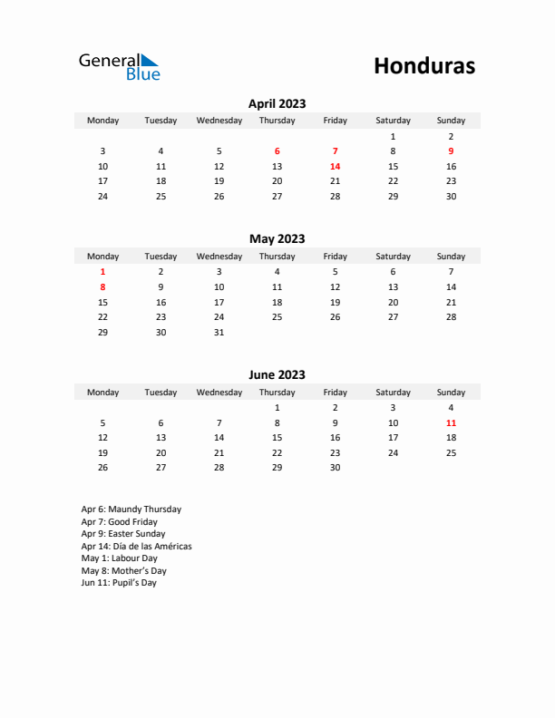 Printable Quarterly Calendar with Notes and Honduras Holidays- Q2 of 2023