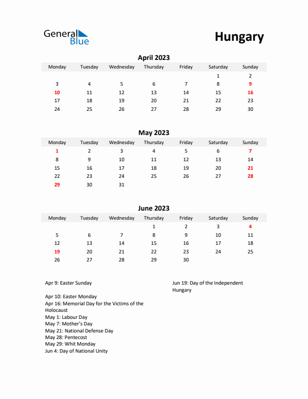 Printable Quarterly Calendar with Notes and Hungary Holidays- Q2 of 2023