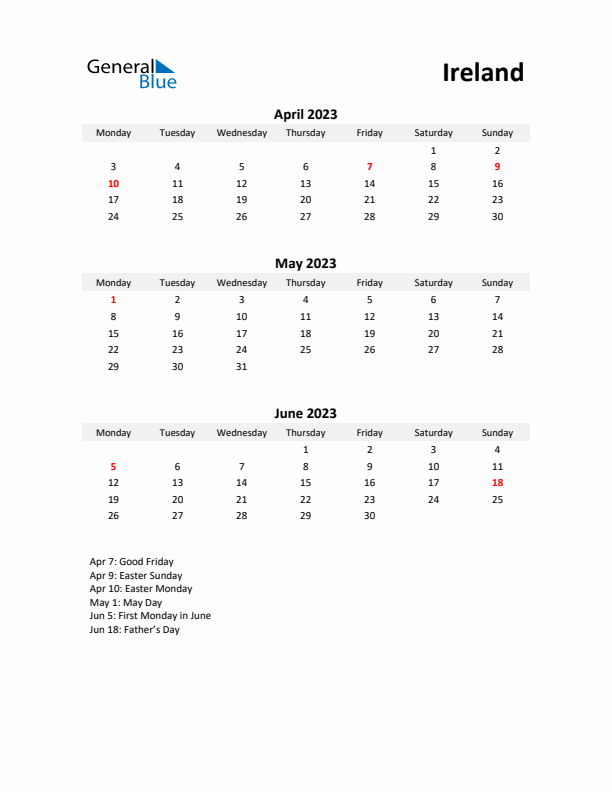 Printable Quarterly Calendar with Notes and Ireland Holidays- Q2 of 2023