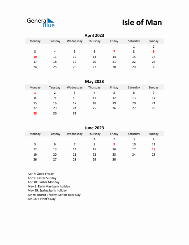 Printable Quarterly Calendar with Notes and Isle of Man Holidays- Q2 of 2023